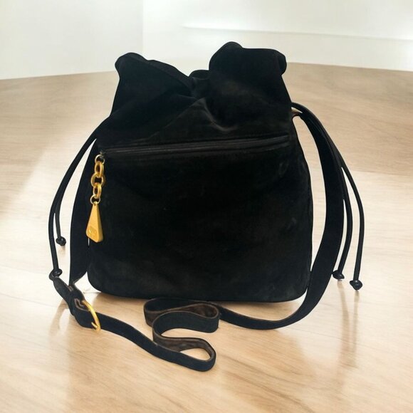 VTG Sharif Americana Purse Black Suede Leopard Trim Drawstring Bucket Bag Hobo - Picture 1 of 15